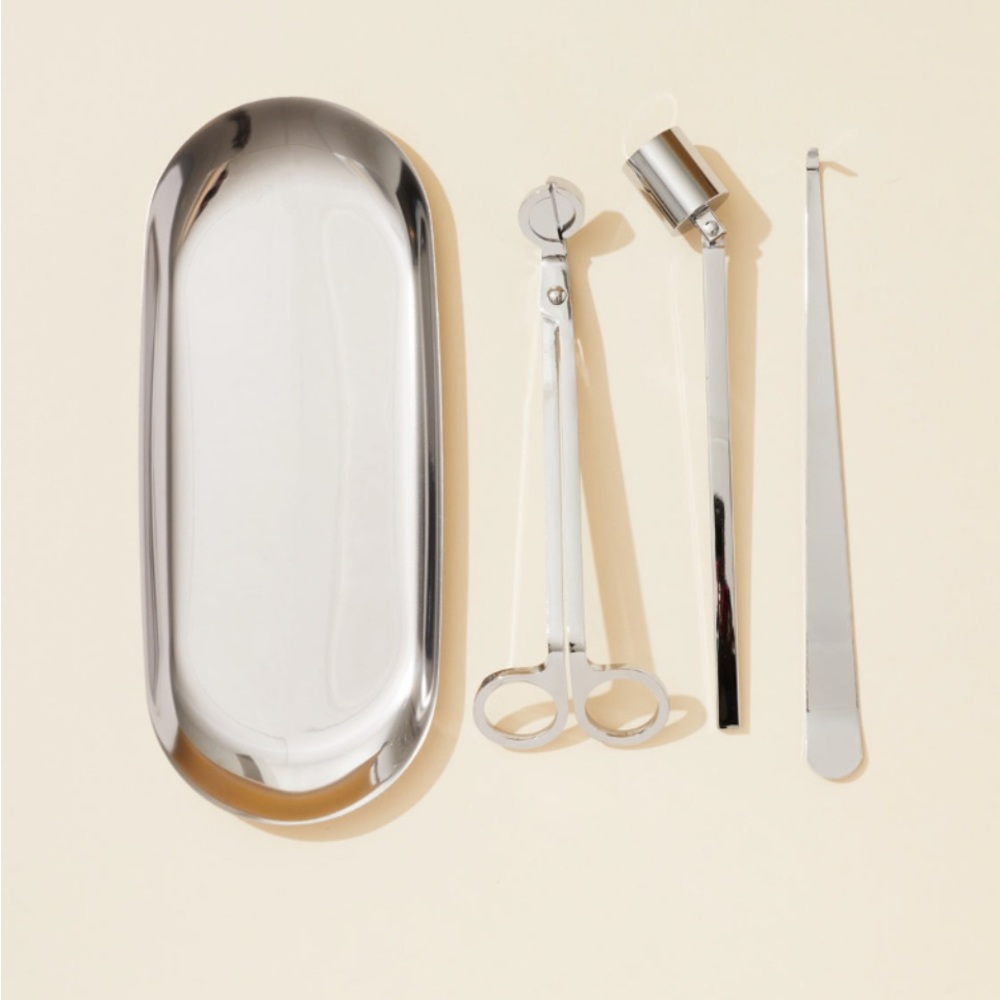 SILVER 4 PIECE CANDLE CARE KIT WITH MUSLIN BAG